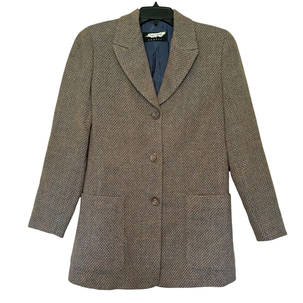 BONGNER woman's tweed lined long button academia wool blue blazer jacket